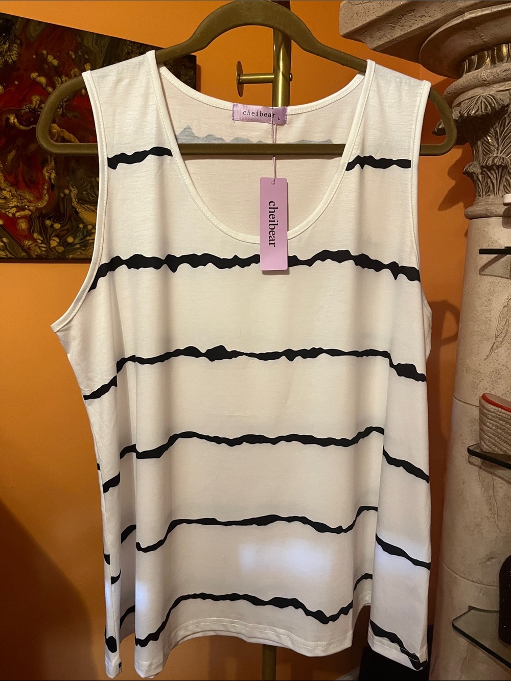 cheiBear White Tank Top with Black Stripe Detail